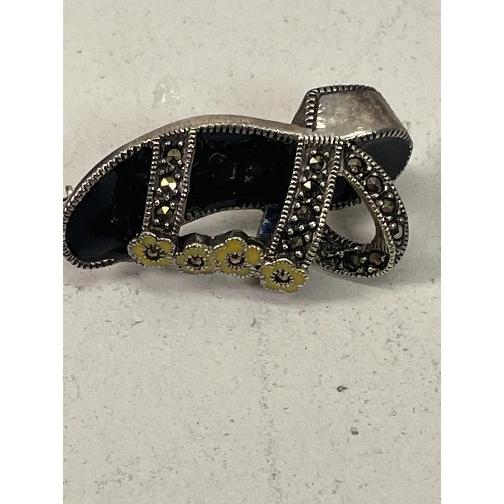 Vintage Sandal Brooch Sterling Silver Marcasite Gray Enamel Shoe Beach Pin